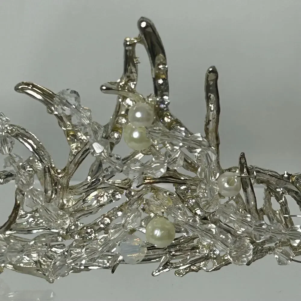 Silver Woodland Fairy Tiara Crystal Beaded Pearl Branch Crown Fantasy Costume
